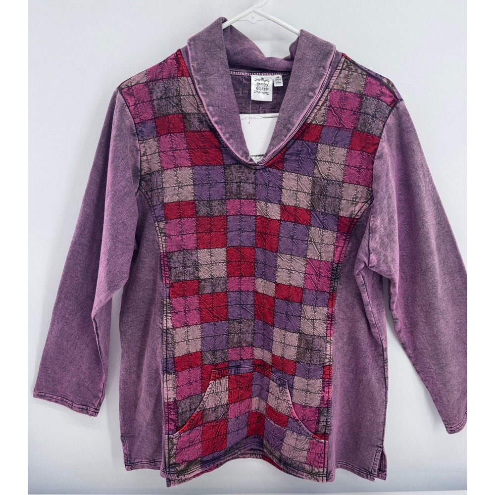 Parsley & Sage Tunic Top Purple Patchwork Quilted Acid Wash Shawl Neck Sz M New